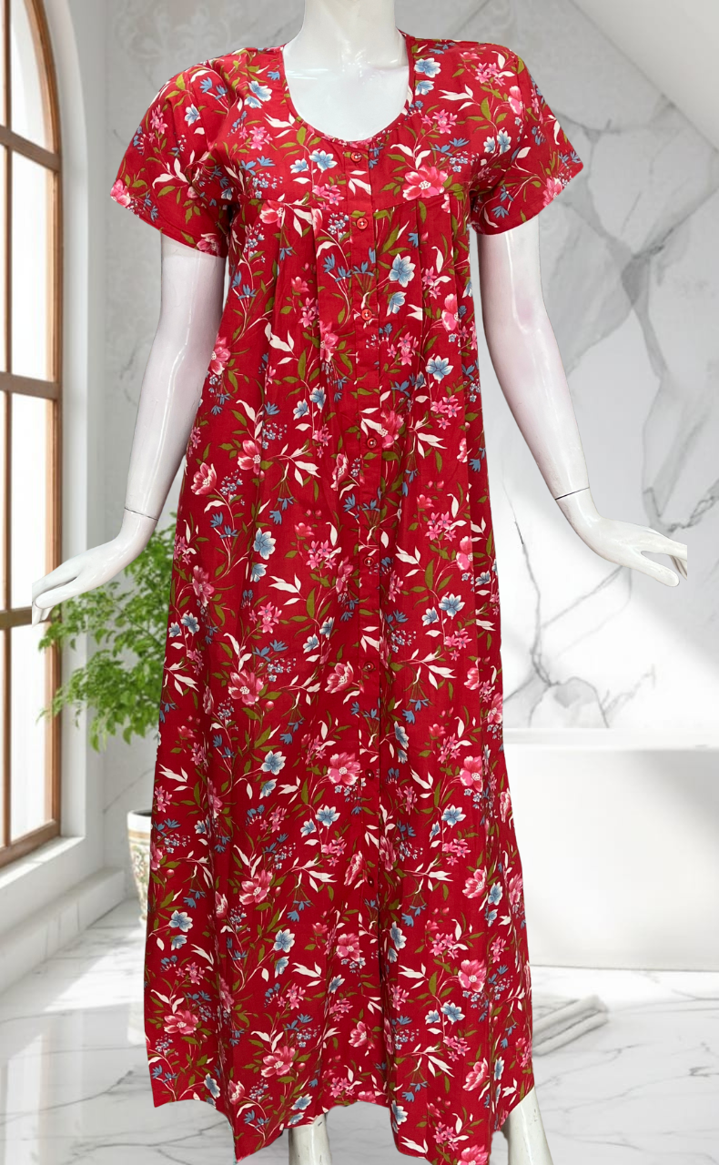 Red Floral Full Open Pure Cotton Nighty. Pure Cotton | Laces and Frills