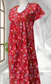 Red Floral Full Open Pure Cotton Nighty. Pure Cotton | Laces and Frills