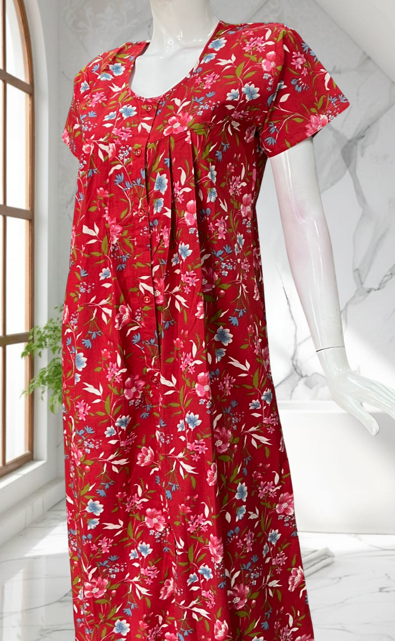 Red Floral Full Open Pure Cotton Nighty. Pure Cotton | Laces and Frills