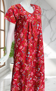 Red Floral Full Open Pure Cotton Nighty. Pure Cotton | Laces and Frills