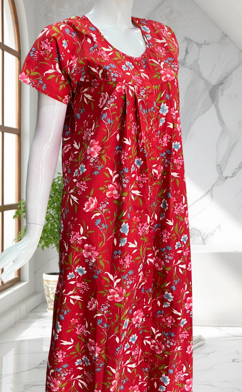 Red Floral Full Open Pure Cotton Nighty. Pure Cotton | Laces and Frills