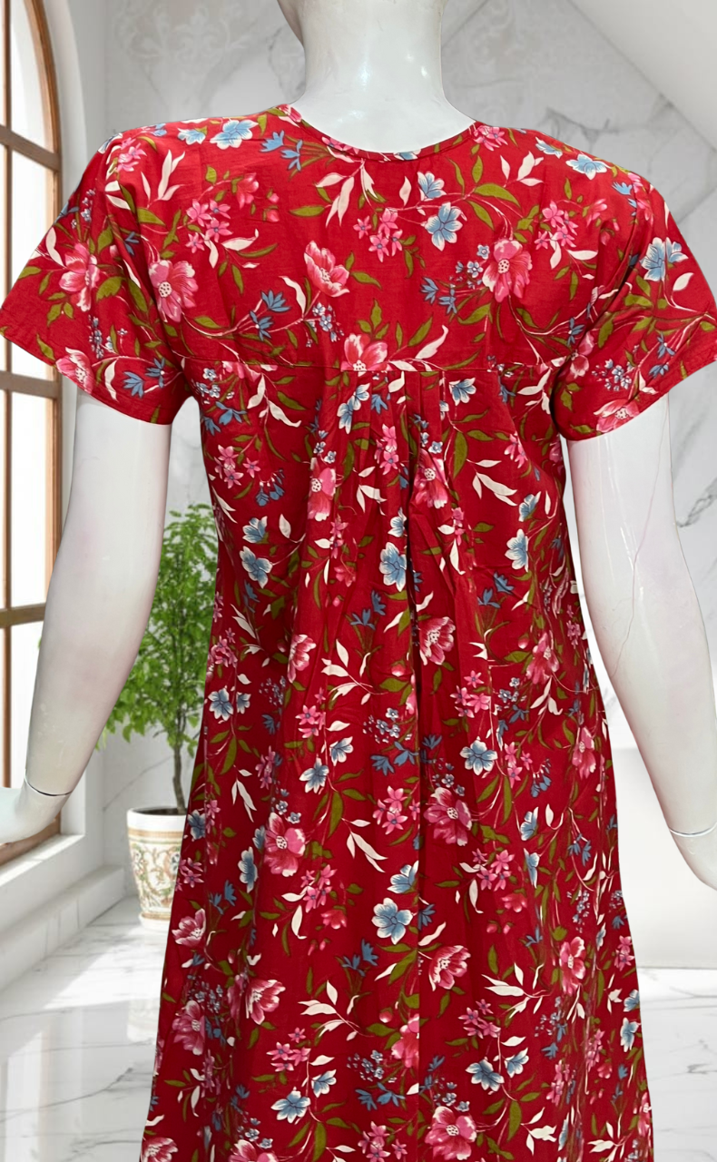 Red Floral Full Open Pure Cotton Nighty. Pure Cotton | Laces and Frills