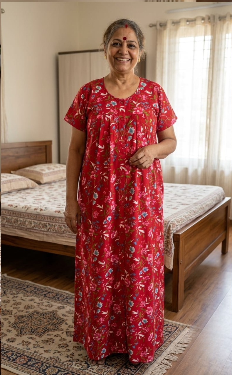 Red Floral Full Open Pure Cotton Nighty. Pure Cotton | Laces and Frills