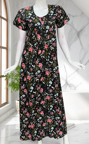 Black Floral Full Open Pure Cotton Nighty. Pure Cotton | Laces and Frills