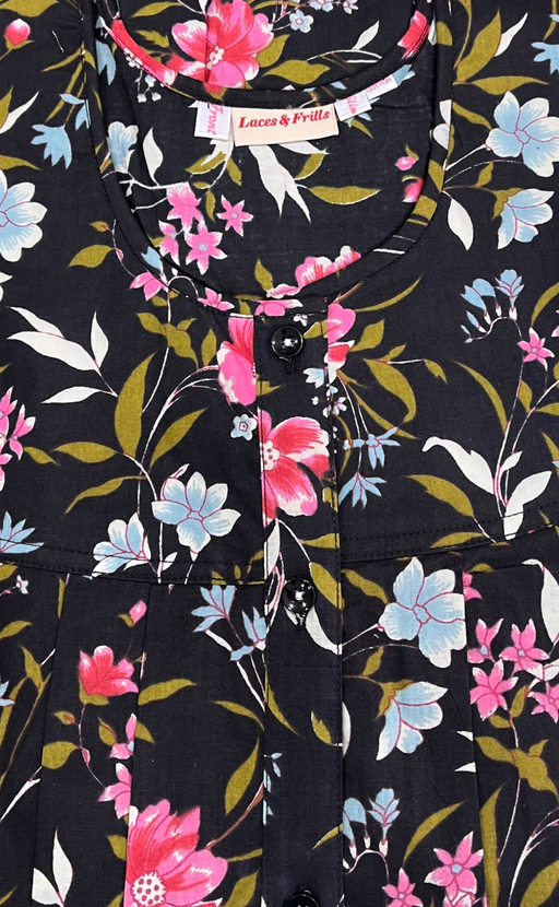 Black Floral Full Open Pure Cotton Nighty. Pure Cotton | Laces and Frills