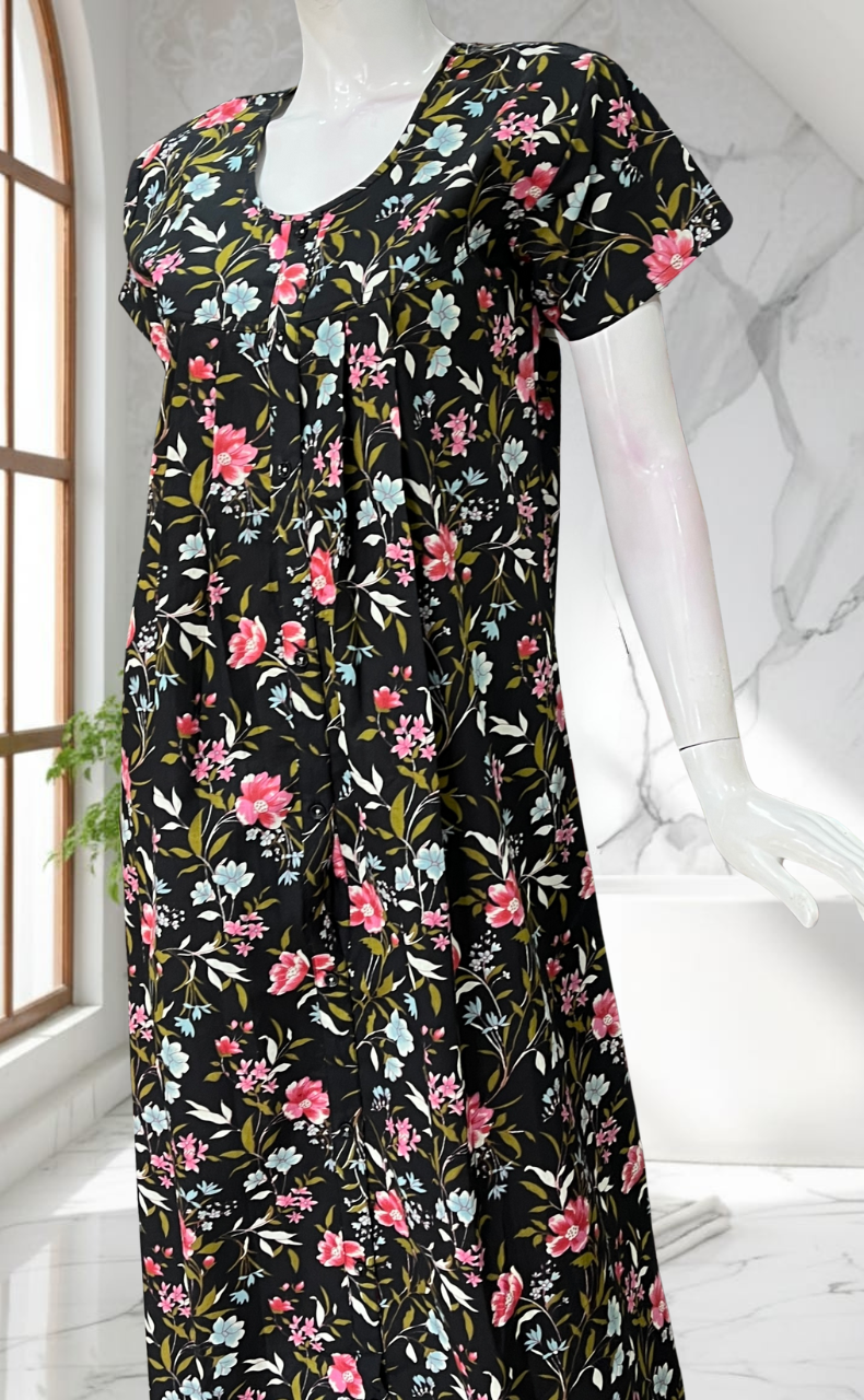 Black Floral Full Open Pure Cotton Nighty. Pure Cotton | Laces and Frills