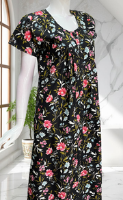Black Floral Full Open Pure Cotton Nighty. Pure Cotton | Laces and Frills