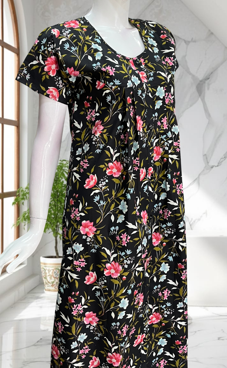 Black Floral Full Open Pure Cotton Nighty. Pure Cotton | Laces and Frills