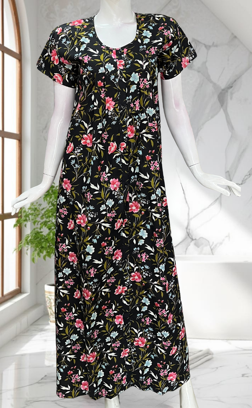Black Floral Full Open Pure Cotton Nighty. Pure Cotton | Laces and Frills