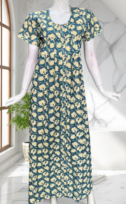 Light Blue Floral Full Open Pure Cotton Nighty. Pure Cotton | Laces and Frills