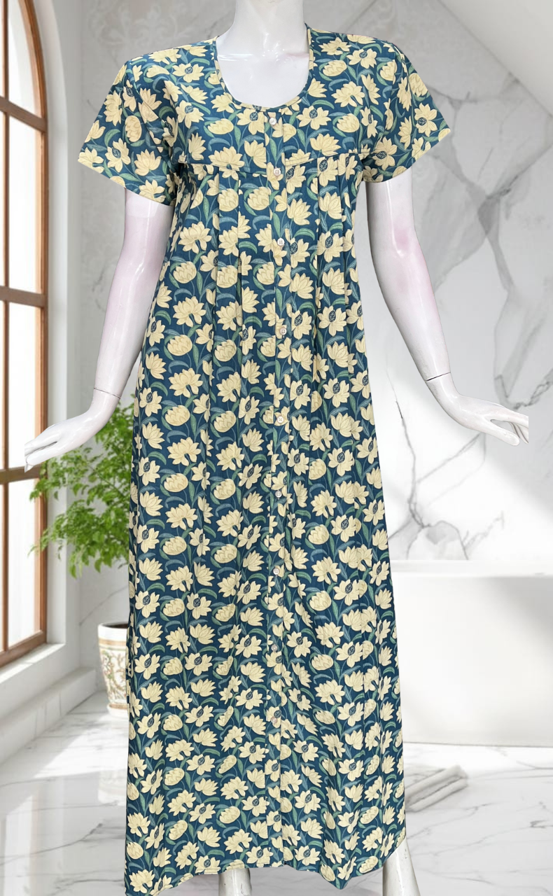 Light Blue Floral Full Open Pure Cotton Nighty. Pure Cotton | Laces and Frills