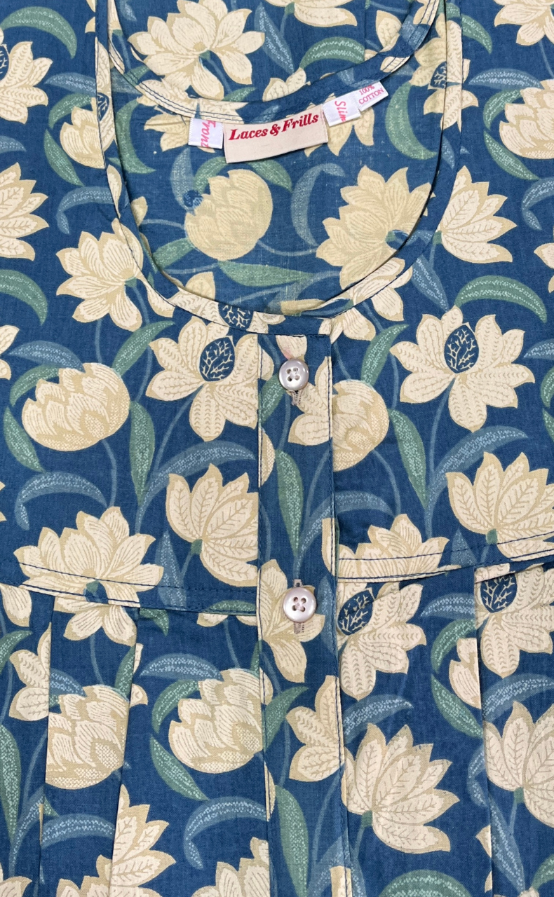 Light Blue Floral Full Open Pure Cotton Nighty. Pure Cotton | Laces and Frills