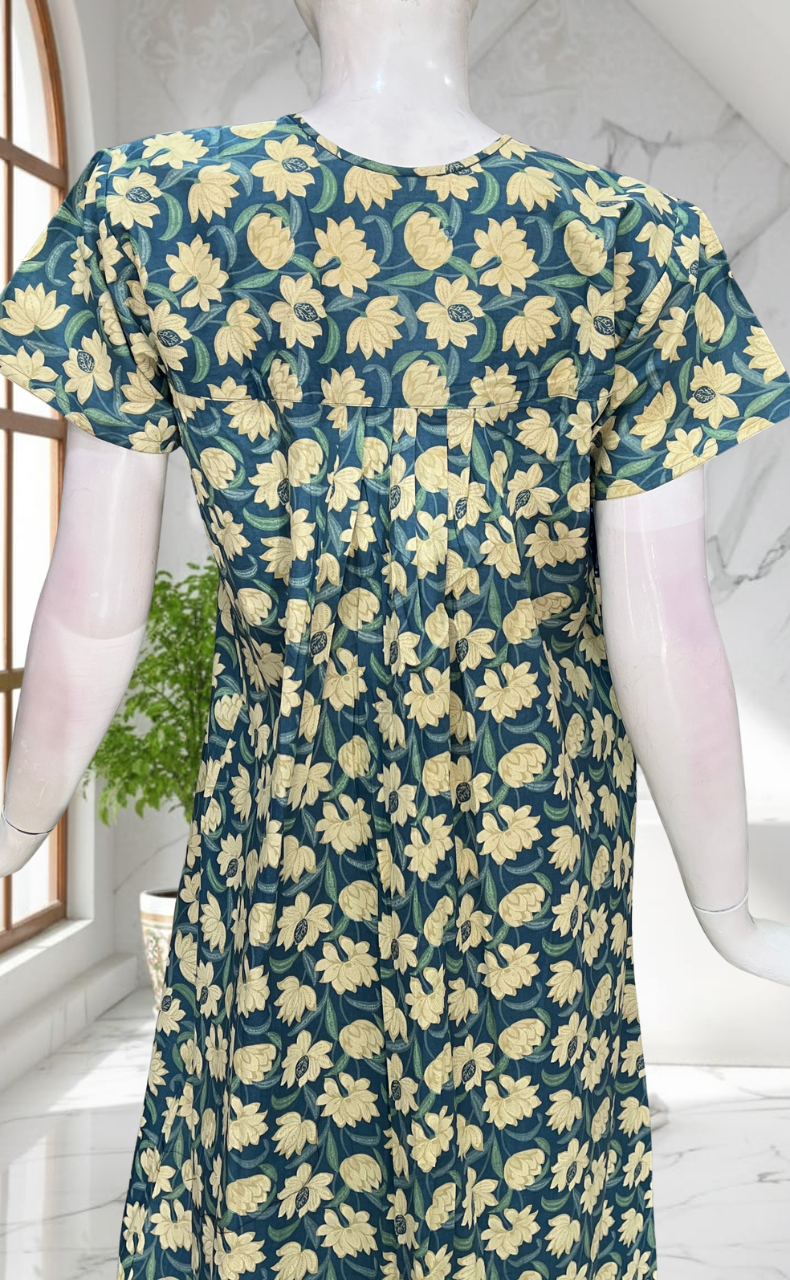 Light Blue Floral Full Open Pure Cotton Nighty. Pure Cotton | Laces and Frills