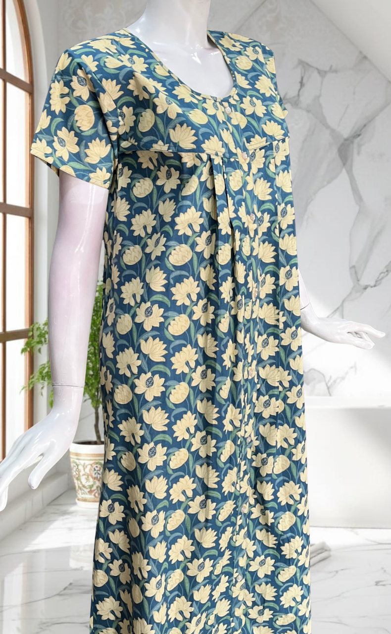 Light Blue Floral Full Open Pure Cotton Nighty. Pure Cotton | Laces and Frills