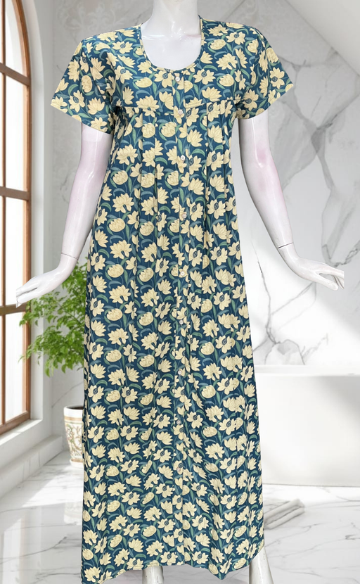 Light Blue Floral Full Open Pure Cotton Nighty. Pure Cotton | Laces and Frills