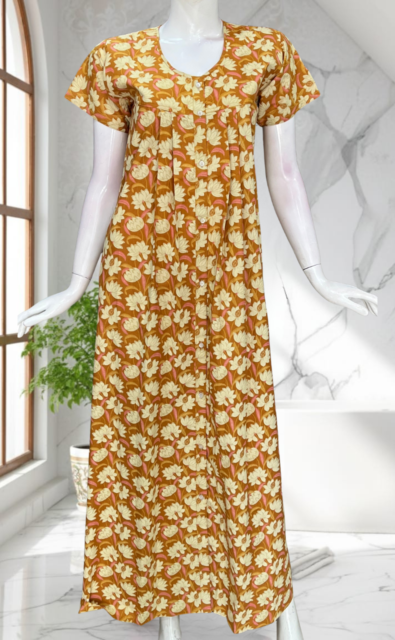 Yellow Floral Full Open Pure Cotton Nighty. Pure Cotton | Laces and Frills