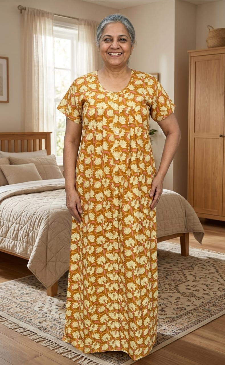 Yellow Floral Full Open Pure Cotton Nighty. Pure Cotton | Laces and Frills