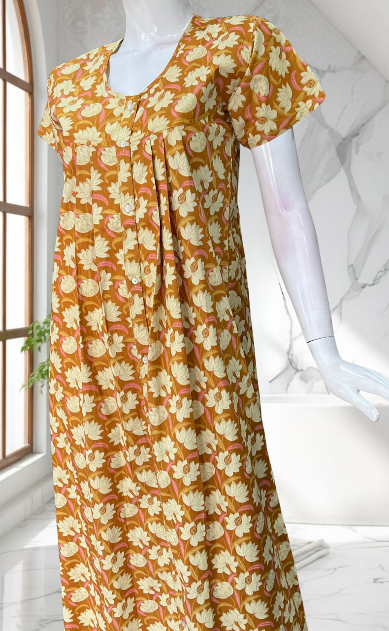 Yellow Floral Full Open Pure Cotton Nighty. Pure Cotton | Laces and Frills