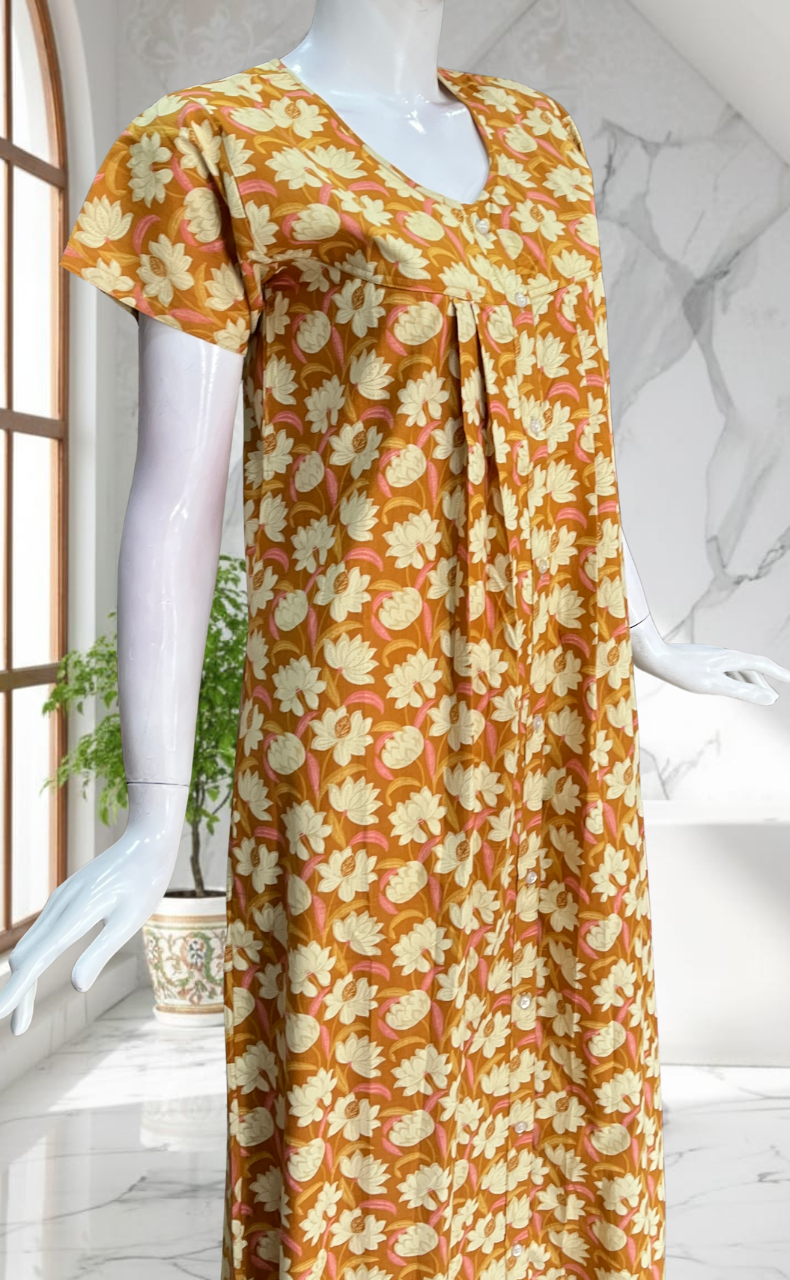 Yellow Floral Full Open Pure Cotton Nighty. Pure Cotton | Laces and Frills
