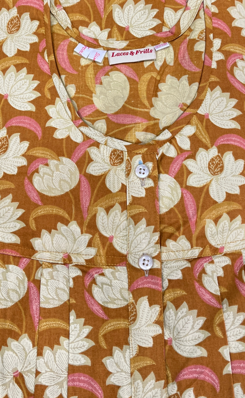 Yellow Floral Full Open Pure Cotton Nighty. Pure Cotton | Laces and Frills