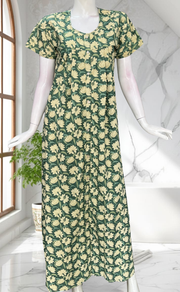 Pista Green Floral Full Open Pure Cotton Nighty. Pure Cotton | Laces and Frills