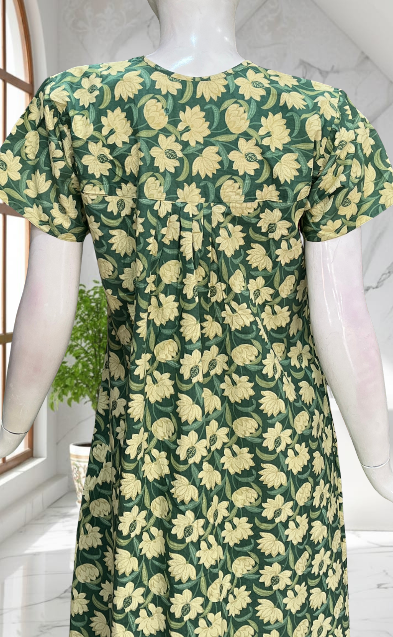 Pista Green Floral Full Open Pure Cotton Nighty. Pure Cotton | Laces and Frills