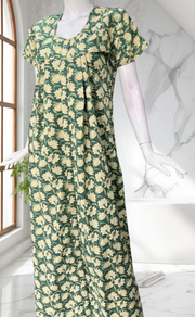 Pista Green Floral Full Open Pure Cotton Nighty. Pure Cotton | Laces and Frills