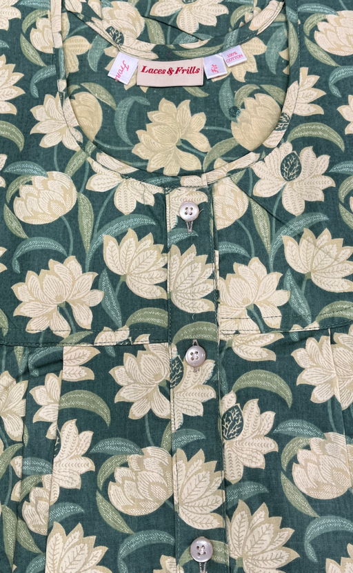 Pista Green Floral Full Open Pure Cotton Nighty. Pure Cotton | Laces and Frills