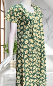 Pista Green Floral Full Open Pure Cotton Nighty. Pure Cotton | Laces and Frills