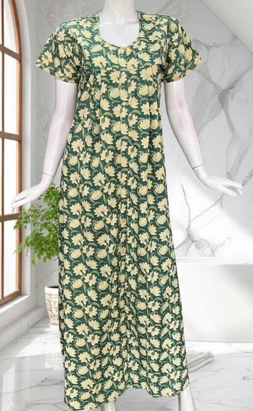 Pista Green Floral Full Open Pure Cotton Nighty. Pure Cotton | Laces and Frills