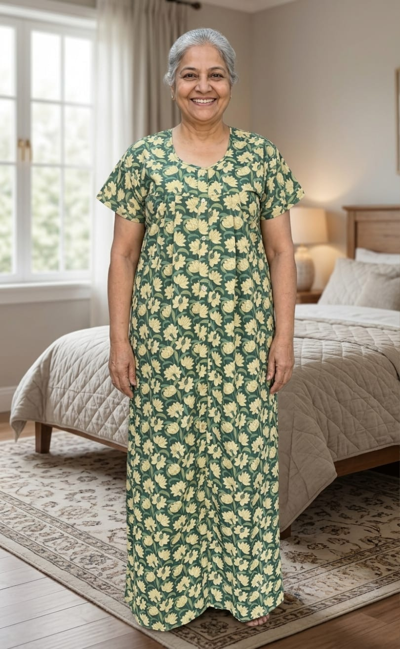 Pista Green Floral Full Open Pure Cotton Nighty. Pure Cotton | Laces and Frills