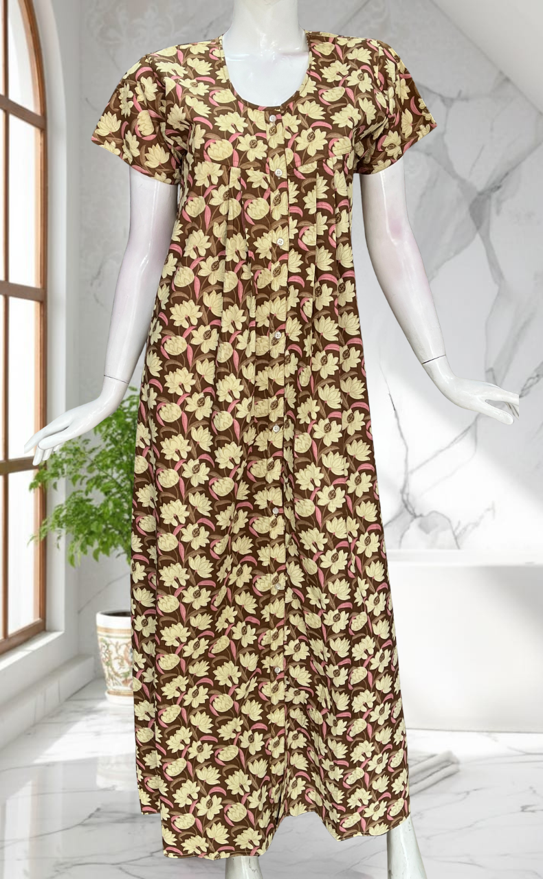 Light Brown Floral Full Open Pure Cotton Nighty. Pure Cotton | Laces and Frills
