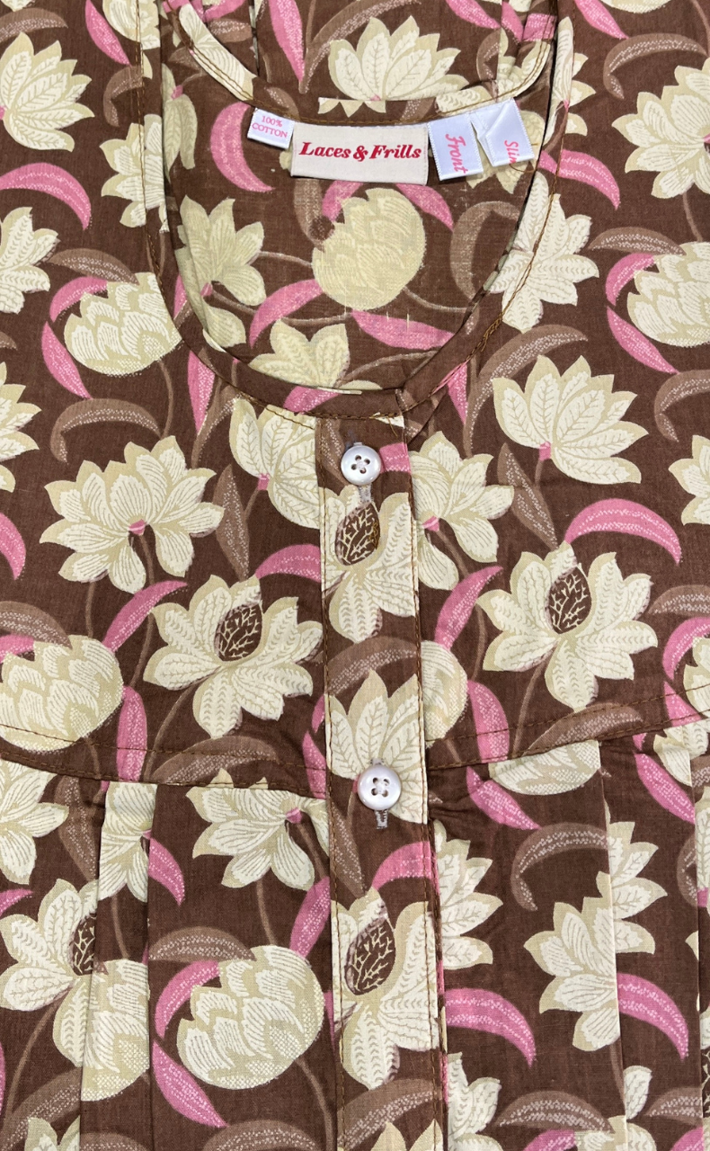 Light Brown Floral Full Open Pure Cotton Nighty. Pure Cotton | Laces and Frills
