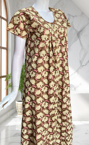 Light Brown Floral Full Open Pure Cotton Nighty. Pure Cotton | Laces and Frills