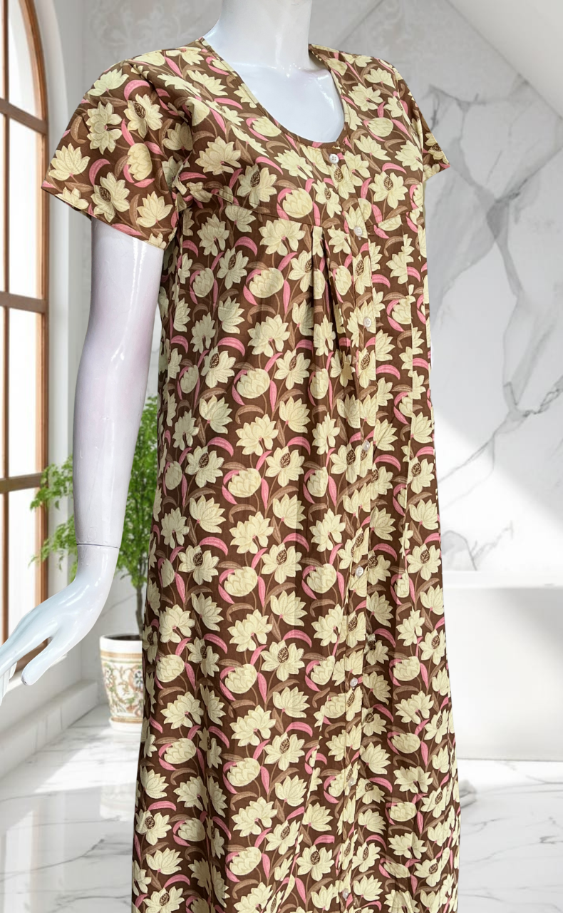 Light Brown Floral Full Open Pure Cotton Nighty. Pure Cotton | Laces and Frills