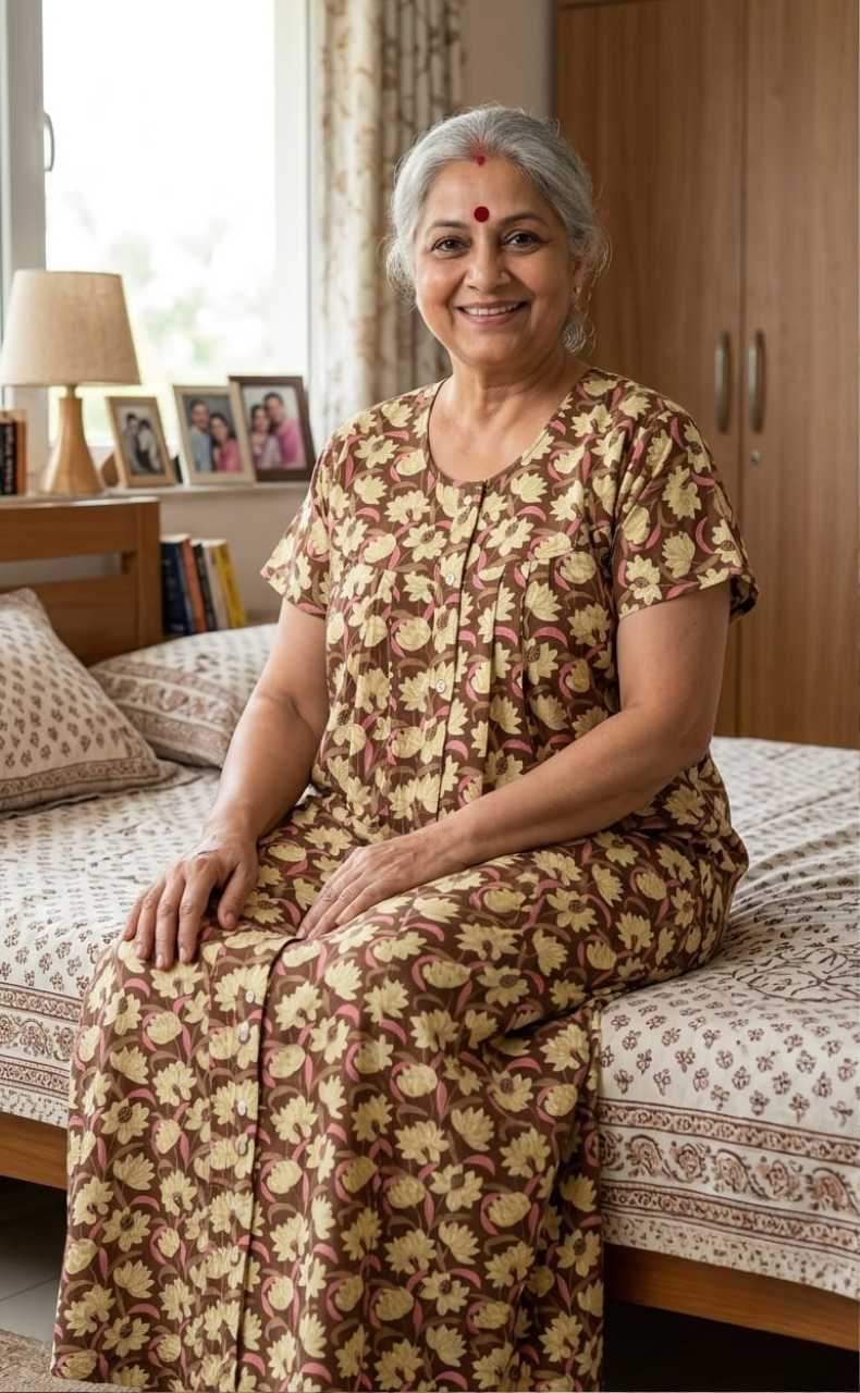 Light Brown Floral Full Open Pure Cotton Nighty. Pure Cotton | Laces and Frills