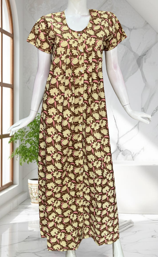 Light Brown Floral Full Open Pure Cotton Nighty. Pure Cotton | Laces and Frills
