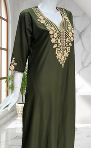 Olive Green Embroidery Soft Cotton Nighty. Soft Breathable Fabric | Laces and Frills
