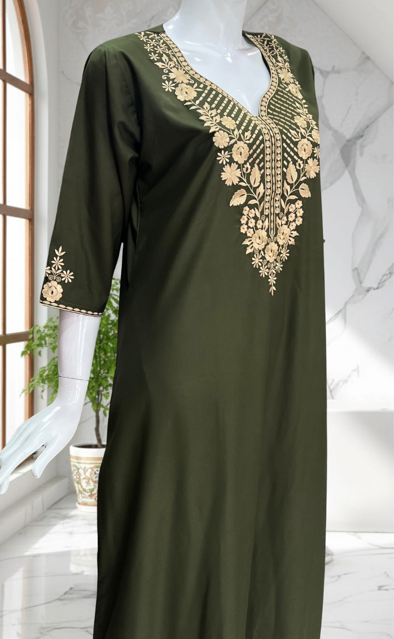 Olive Green Embroidery Soft Cotton Nighty. Soft Breathable Fabric | Laces and Frills