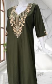 Olive Green Embroidery Soft Cotton Nighty. Soft Breathable Fabric | Laces and Frills