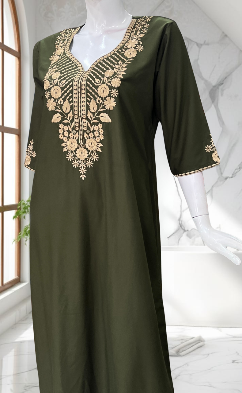 Olive Green Embroidery Soft Cotton Nighty. Soft Breathable Fabric | Laces and Frills