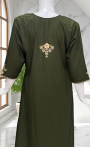 Olive Green Embroidery Soft Cotton Nighty. Soft Breathable Fabric | Laces and Frills