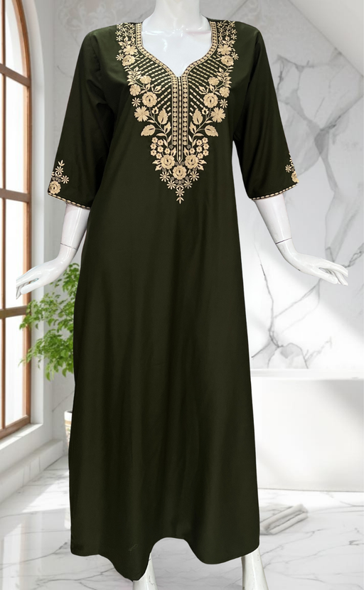 Olive Green Embroidery Soft Cotton Nighty. Soft Breathable Fabric | Laces and Frills