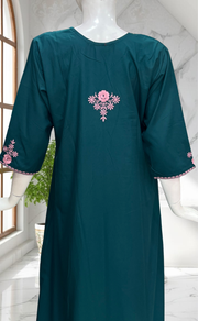 Teal Blue Embroidery Soft Cotton Nighty. Soft Breathable Fabric | Laces and Frills