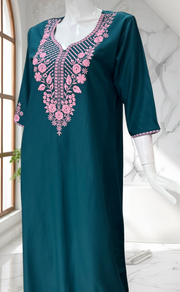 Teal Blue Embroidery Soft Cotton Nighty. Soft Breathable Fabric | Laces and Frills