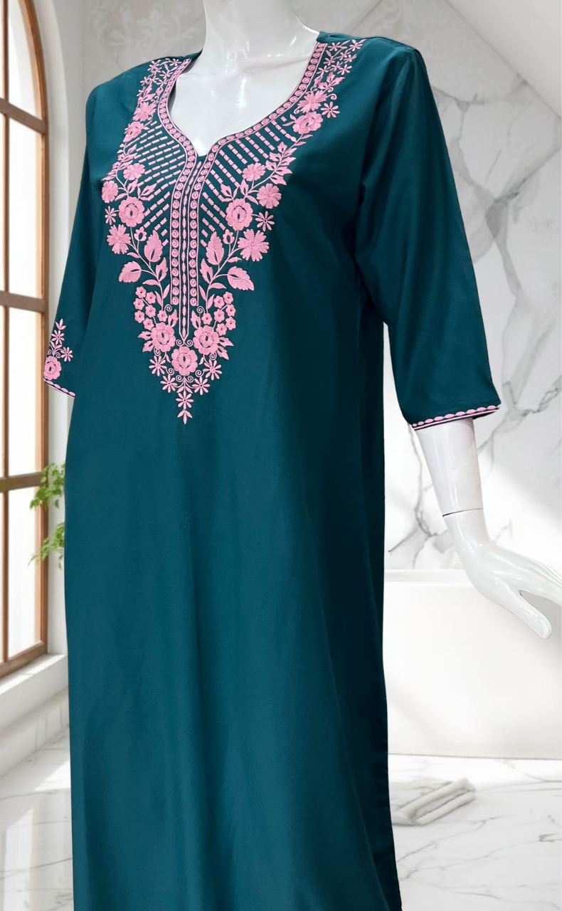 Teal Blue Embroidery Soft Cotton Nighty. Soft Breathable Fabric | Laces and Frills