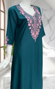 Teal Blue Embroidery Soft Cotton Nighty. Soft Breathable Fabric | Laces and Frills