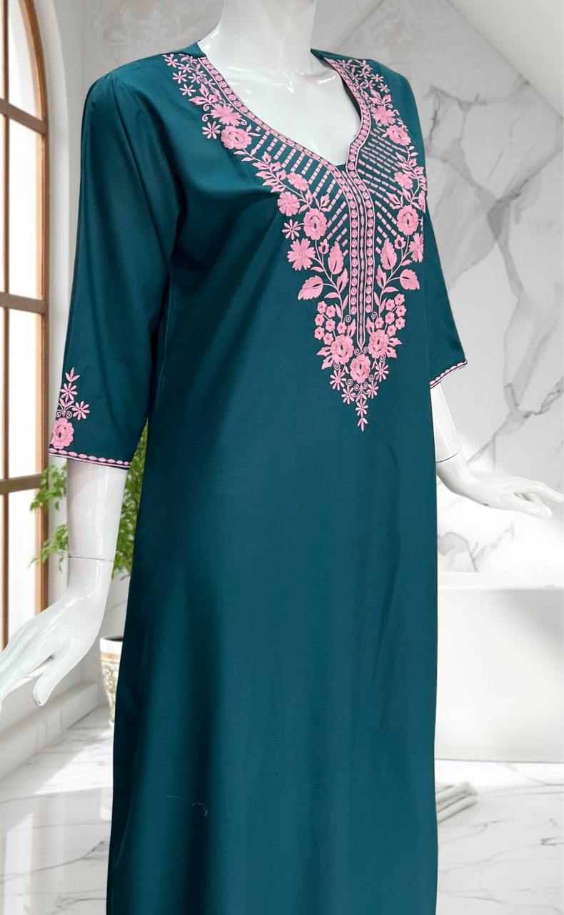 Teal Blue Embroidery Soft Cotton Nighty. Soft Breathable Fabric | Laces and Frills
