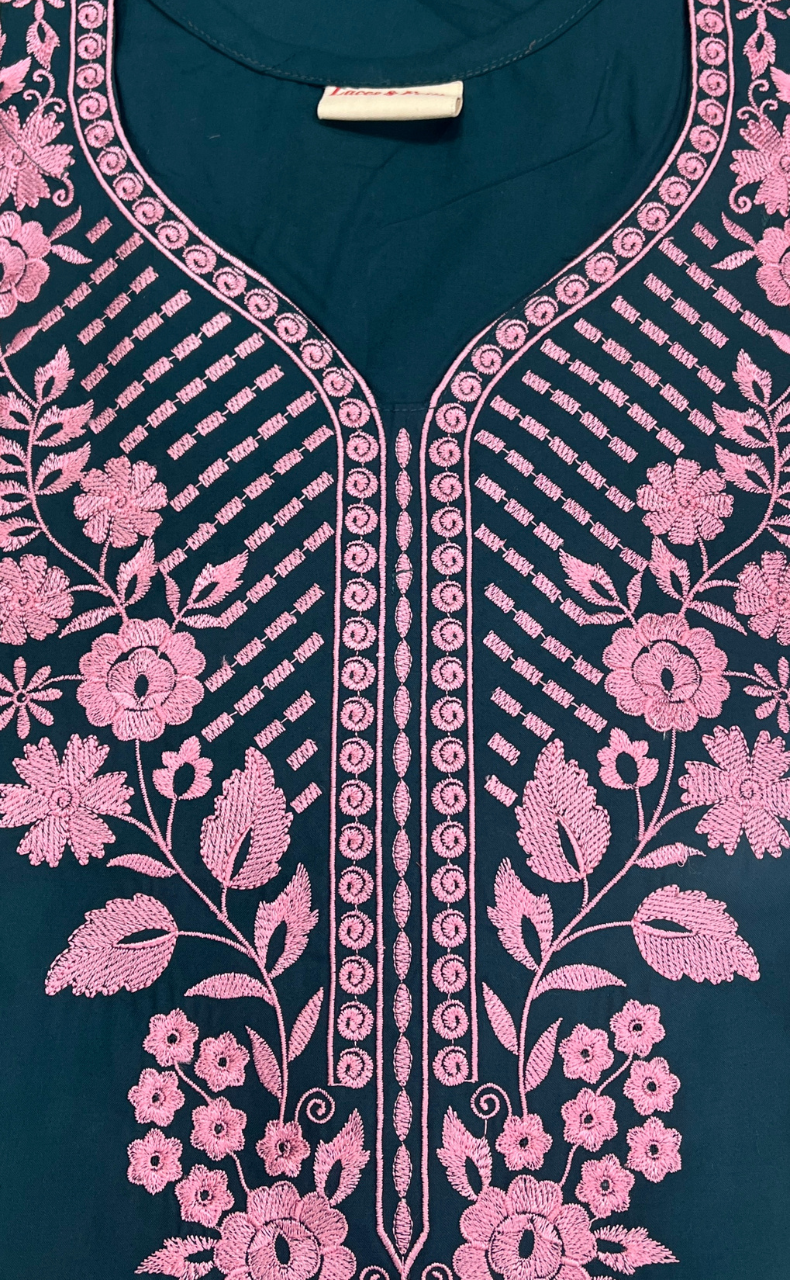 Teal Blue Embroidery Soft Cotton Nighty. Soft Breathable Fabric | Laces and Frills