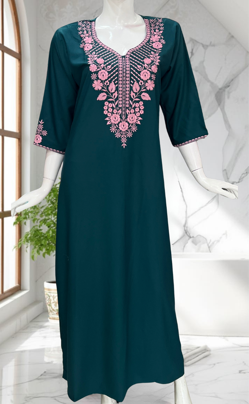 Teal Blue Embroidery Soft Cotton Nighty. Soft Breathable Fabric | Laces and Frills